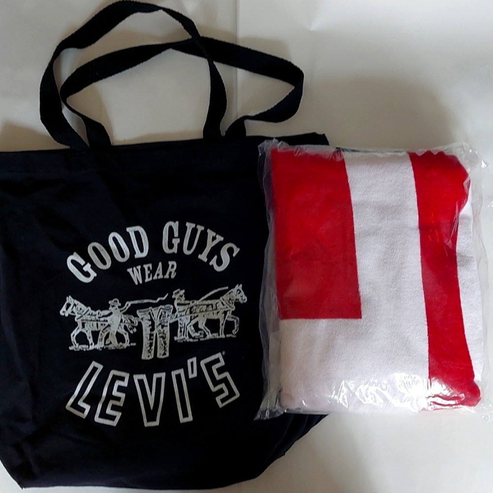 Levis red tab beach towel and cotton tote